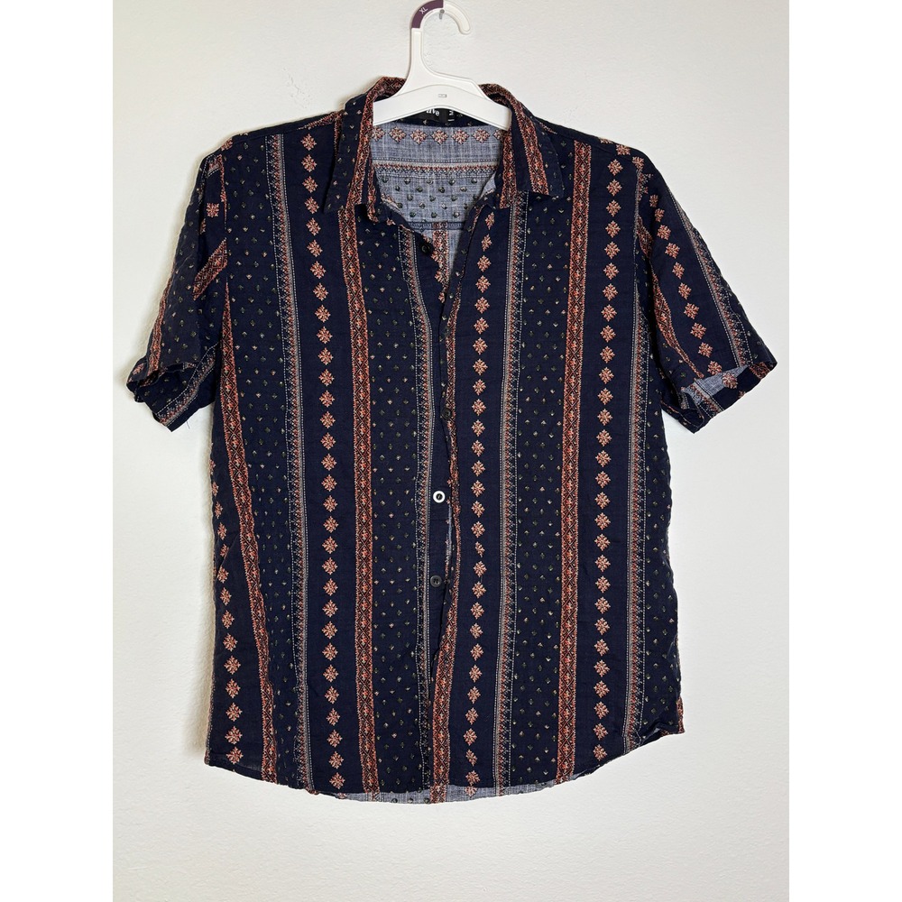 VatPave Mens Medium Short Sleeve Button Down Shirt‎ Navy Orange Floral Geometric